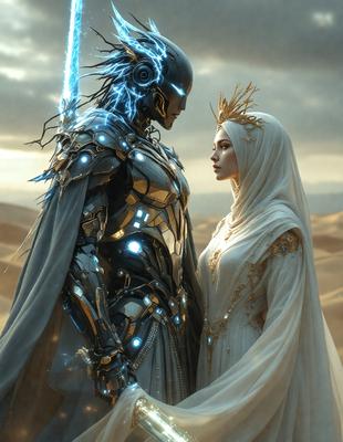 The primary subject of the image is a man and a woman standing next to each other. The man is wearing a suit with a sword, while the woman is wearing a white dress. They are both looking at each other, creating a sense of connection and intimacy.

The setting is a desert landscape, with sand and a cloudy sky visible in the background. The visual style of the image is a combination of photo and digital art, giving it a unique and artistic appearance. The colors in the image are predomin